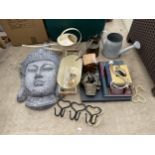 VARIOUS GARDEN RELATED ITEMS TO INCLUDE A DIETY HEAD, ORNAMENTAL WATERING CANS ETC