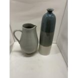 A LARGE VASE IN GREEN AND CREAM HEIGHT 47CM AND A LARGE STUDIO POTTERY JUG HEIGHT 35CM
