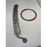 TWO BRACELETS POSSIBLY SILVER TO INCLUDE A COIN STYLE