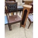 AN EDWARDIAN DINING CHAIR AND HARDWOOD DVD STORAGE UNIT WITH METALWARE FRETWORK DOOR