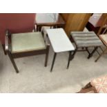 AN EDWARDIAN PIANO STOOL, FORMICA TOP OCCASIONAL TABLE AND A BARLEYTWIST STOOL