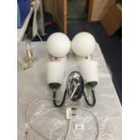 A PAIR OF VINTAGE SPHERICAL CEILING LIGHTS APPROX 18CM X 15CM PLUS A TWIN BRANCHED WALL LIGHT