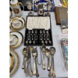 A BOXED SET OF TEASPOONS AND SUGAR TONGS, UNBOXED FLATWARE, TWO GOBLETS AND A JUG