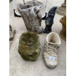 FOUR GARDEN ITEMS TO INCLUDE A GNOME, A BOOT PLANTER AND A SMALL STONE TROUGH ETC
