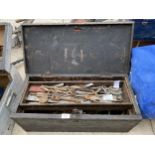 A VINTAGE WOODEN JOINERS CHEST WITH AN ASSORTMENT OF TOOLS TO INCLUDE TAP AND DIE, SET SQUARES AND