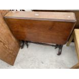 A VICTORIAN MAHOGANY SUTHERLAND TABLE ON TURNED LEGS AND STRETCHERS, 40X33"