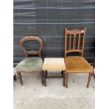 AN OAK PARTLY EBONISED STOOL, VICTORIAN DINING CHAIR AND ART NOUVEAU DINING CHAIR