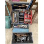 A COLLECTION OF TOOL BOXES WITH AN ASSORTMENT OF HAND TOOLS TO INCLUDE STANLEY WOOD PLANES AND