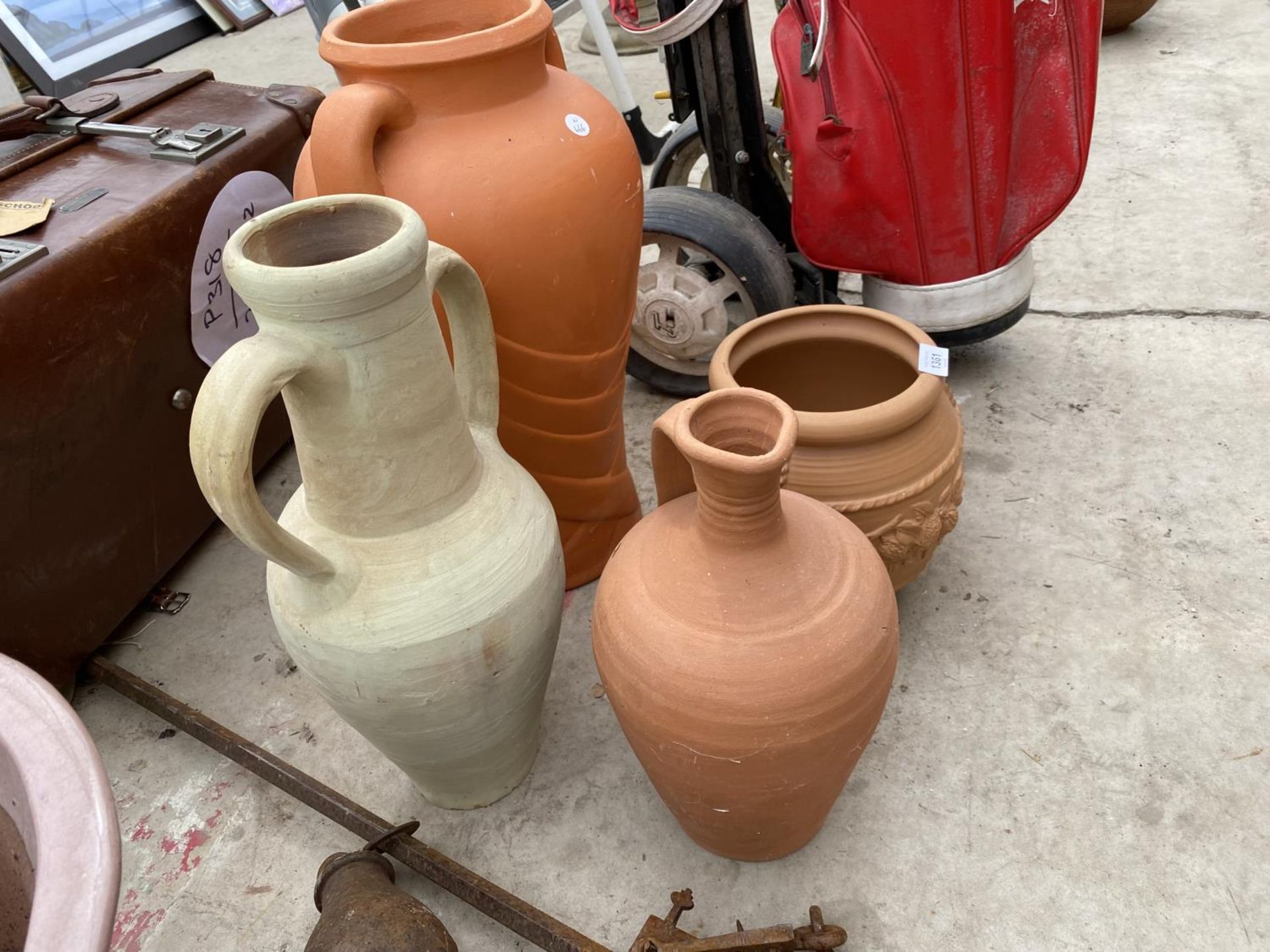 A TERRACOTTA PLANTER, A TERRACOTTA JUG AND TWO TERRACOTTA URNS - Image 2 of 4