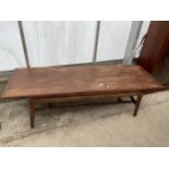 A RETRO TEAK COFFEE TABLE WITH STRINGED UNDERTIER, BEARING LABEL KENDAL MILNE & CO 'BRUNSWICK'