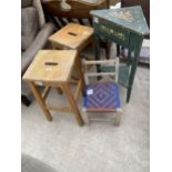 TWO BEECH STOOLS, SMALL CHILDS CHAIR AND PAINTED CORNER TABLE
