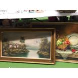 TWO FRAMED PAINTINGS TO INCLUDE AN OIL ON CANVAS OF A MOUNTAIN LAKE SCENE AND AN OIL ON BOARD