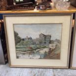 A LARGE VINTAGE WATER COLOUR OF A TUDOR HOUSE SET BY A RIVER SIGNED J. HENSHAW 1931 W: 85CM