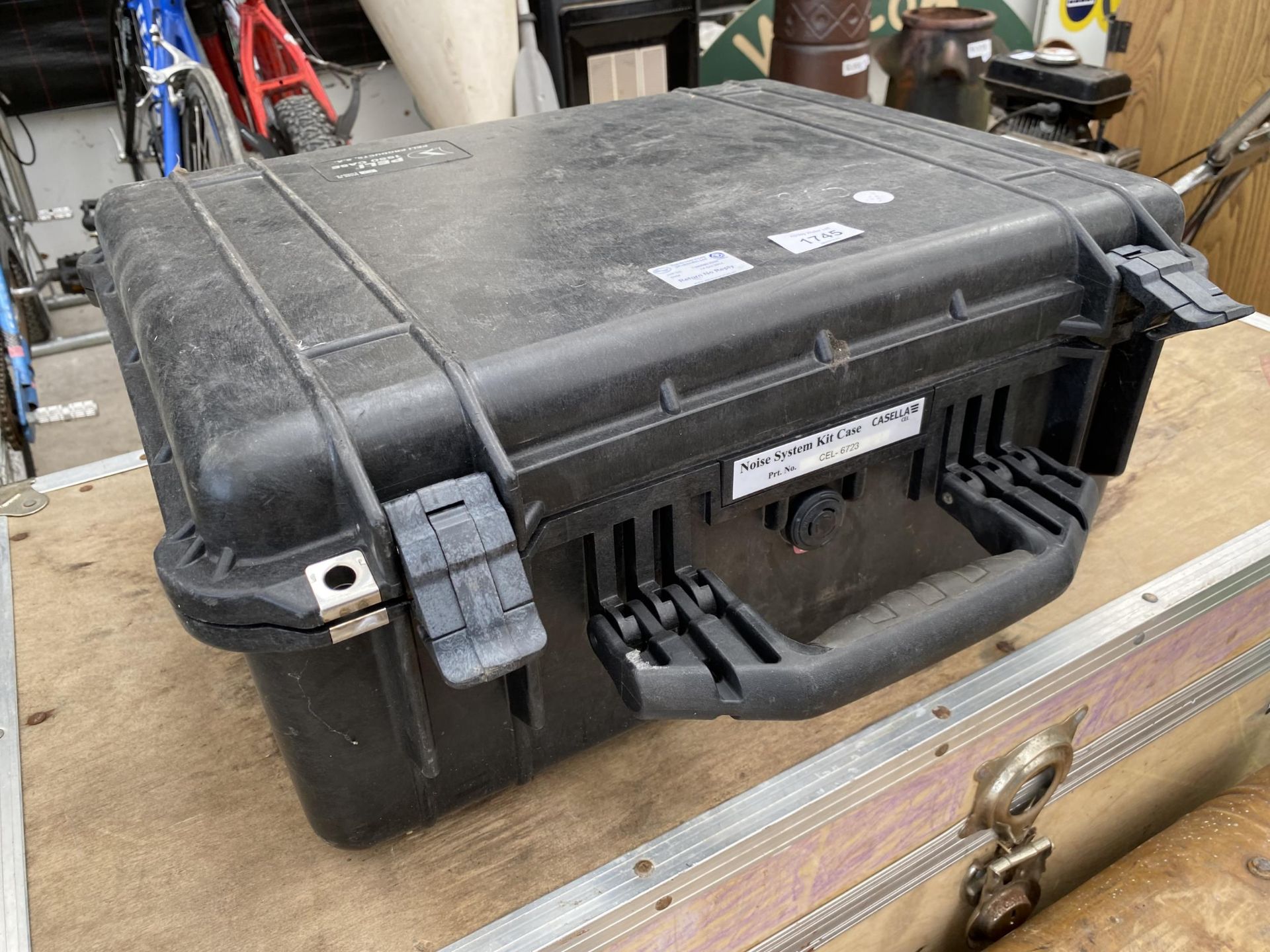 A WOODEN TRUNK CONTAINING WHEELS ETC, A TIN CHEST AND A NOISE SYSTEM KIT CASE - Image 2 of 5