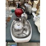 AN ASSORTMENT OF ITEMS TO INCLUDE A STAINLESS STEEL TEA SERVICE, AN ELECTRIC COFFEE POT AND TWO SODA