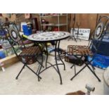 A DECORATIVE BISTRO SET COMPRISING OF A ROUND TABLE WITH TILE TOP AND TWO CHAIRS WITH TILED DETAIL