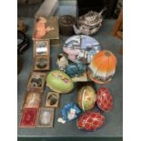 SIX ANTIQUE PHOTOGRAPHS IN MOUNTS, DECORATIVE EGGS, VINTAGE LAMP SHADE, STAINLESS STEEL TEAPOT, ETC