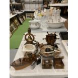 A QUANTITY OF ITEMS TO INCLUDE VINTAGE LIGHTERS, A SHIPS WHEEL PIPE RACK, WITH PIPES, SHIPS WHEEL