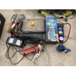 AN ASSORTMENT OF ITEMS TO INCLUDE A FOOT PUMP, AN ELECTRIC SANDER AND A FIRST AID CASE ETC