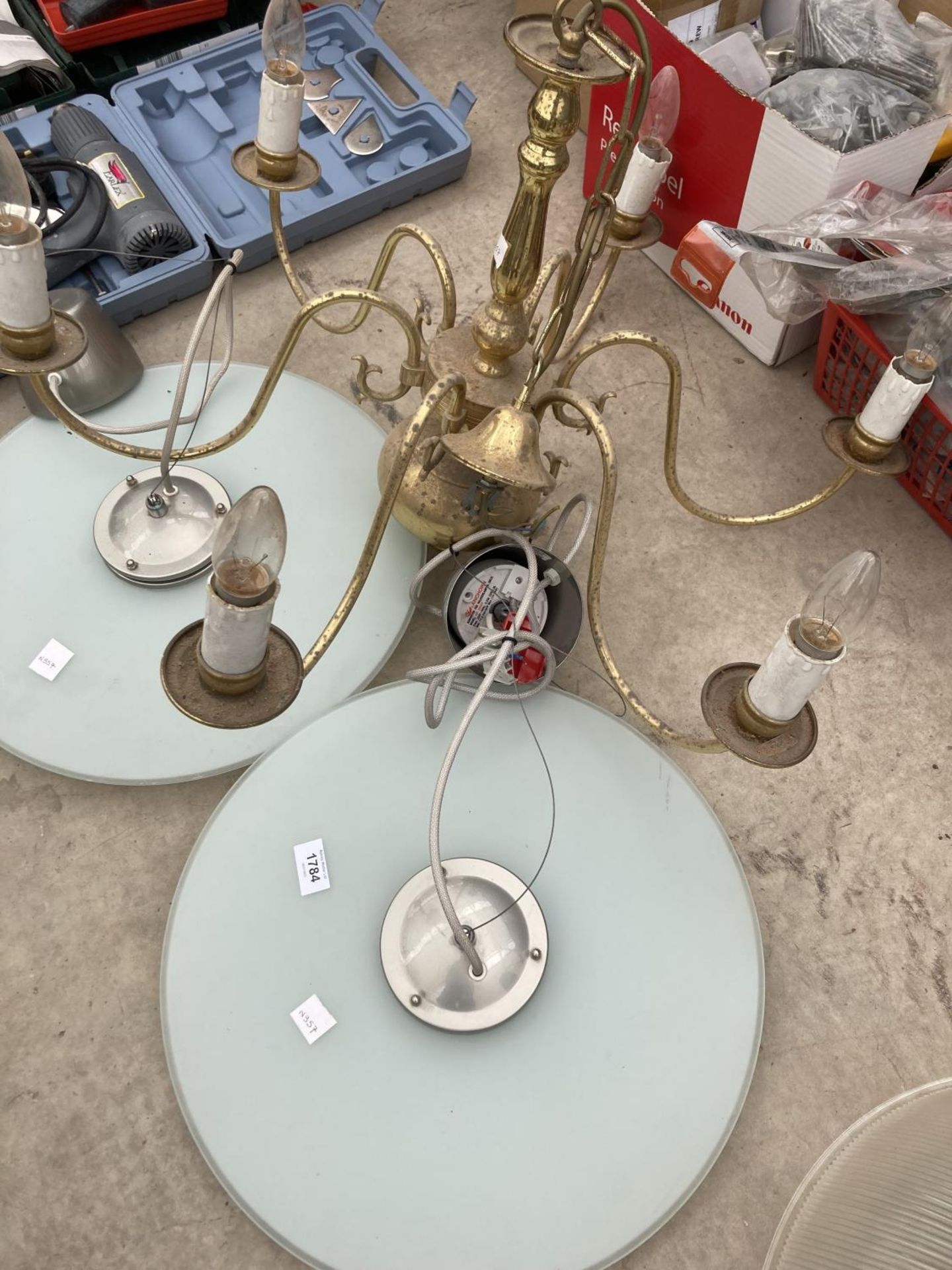 A BRASS SIX BRANCH CEILING LAMP AND TWO GLASS EXAMPLES - Image 2 of 3