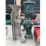 TWO LARGE PEDESTAL PLANTERS, A SMALLER ONE AND A WOODEN HERON GARDEN ORNAMENT