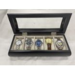 A BOX CONTAINING FIVE MEN'S WRISTWATCHES