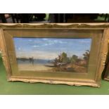 A LATE 19TH CENTURY ITALIAN SCHOOL WATERCOLOUR OF A SHIPPING SCENE IN AN ELABORATE GILT FRAME 33CM X