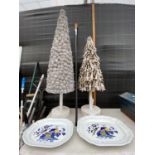 TWO SPODE CERAMIC MEAT PLATES, TWO ARTIFICIAL TREES AND A WOODEN WALKING STICK