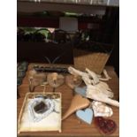 A QUANTITY OF DRIFTWOOD, HEART COAT RACKS, BASKET AND IRON BIN, HEART DECORATIONS, ETC