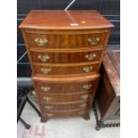 A MINIATURE MAHOGANY CHEST ON CHEST, 21.5" WIDE ENCLOSING SEVEN DRAWERS WITH BRASS HANDLES