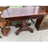 A VICTORIAN MAHOGANY FOLD-OVER TEA TABLE ON QUATREFOIL BASE, 38" WIDE