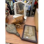 AN ASSORTMENT OF ITEMS TO INCLUDE A SWING FRAME MIRROR, A SET OF BELOWS AND A TEASPOON CASE ETC