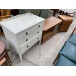 A PAINTED THREE DRAWER CHEST, SMALL PINE CHEST AND MEDIA UNIT