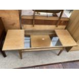 A RETRO TEAK TWO TIER COFFEE TABLE WITH PART GLASS TOP, 54X20"