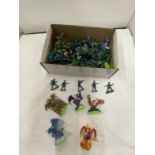 A BOX OF TOY PLASTIC SOLDIERS PLUS 'SPYRO THE DRAGON' FIGURES, ETC