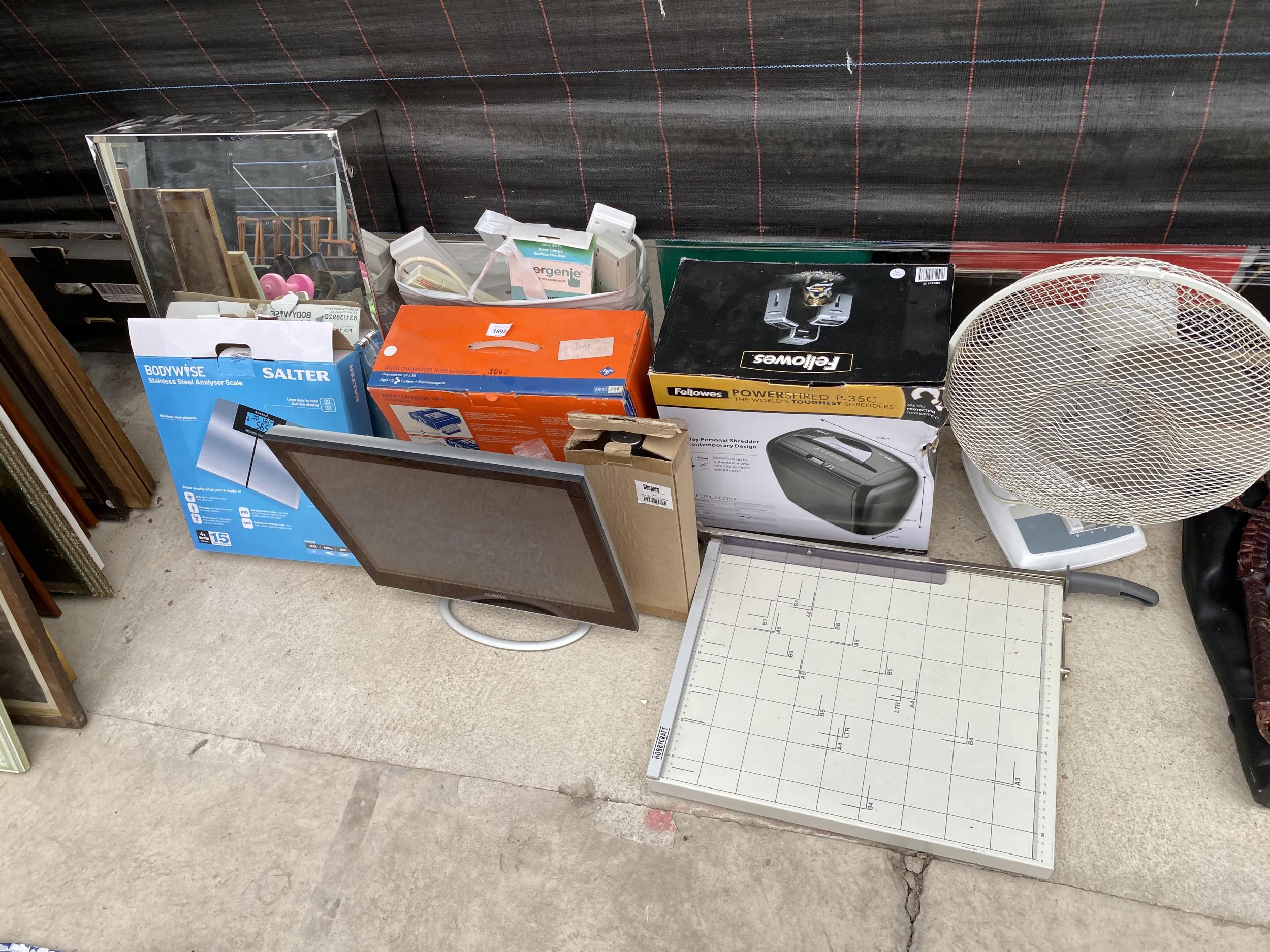 VARIOUS ITEMS TO INCLUDE A MIRRORED BATHROOM CABINET, SHREDDER, GUILLOTINE, BOXED BATHROOM SCALES,