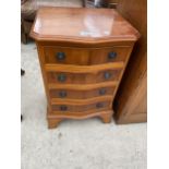 A MODERN YEW WOOD MINIATURE CHEST OF FOUR DRAWERS, 16" WIDE