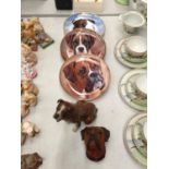 THREE COLLECTORS PLATES WITH BULLDOGS, A SIGNED STONEWARE BOXER DOG 'BUSTER AND A BOSON'S WALL