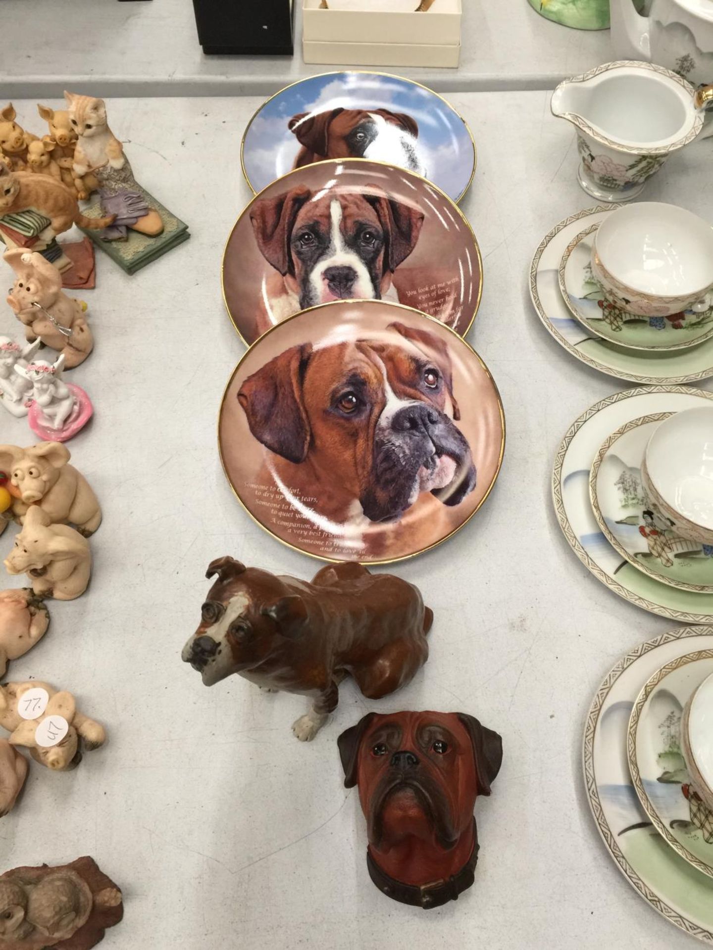 THREE COLLECTORS PLATES WITH BULLDOGS, A SIGNED STONEWARE BOXER DOG 'BUSTER AND A BOSON'S WALL