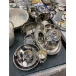 A QUANTITY OF SILVER PLATED ITEMS TO INCLUDE TEA AND COFFEE POTS, GOBLET, A STAG DISH, GALLERIED