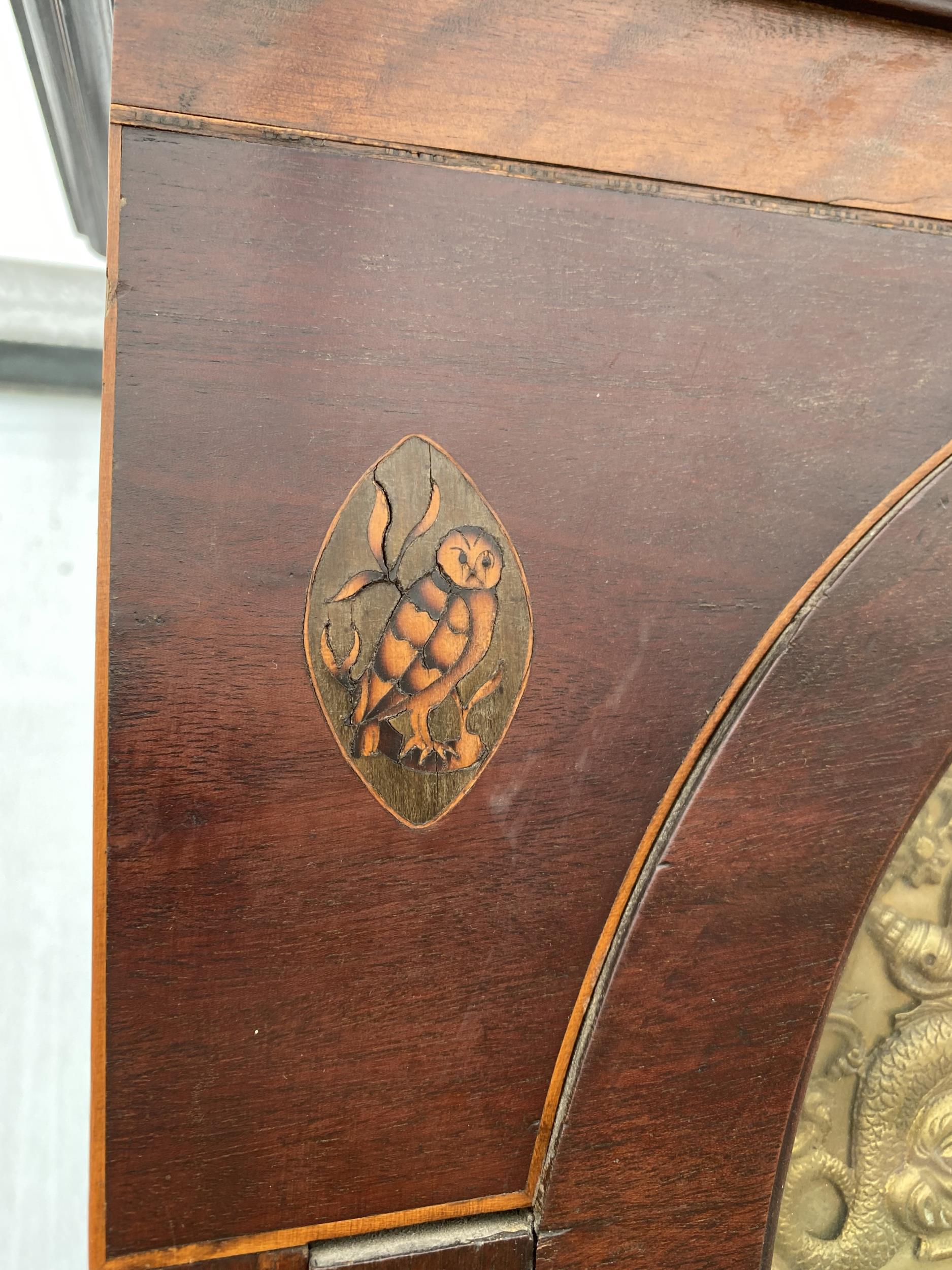 AN 18TH CENTURY MAHOGANY EIGHT-DAY LONGCASE CLOCK WITH BRASS FACE AND INLAID OVALS DEPICTING BIRDS - Image 8 of 12