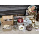 A QUANTITY OF KITCHEN WARE, FLATWARE, GLASEES AND A MIRROR