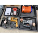 FOUR ITEMS TO INCLUDE A JCB DRILL, JIGSAW, LASER PLUS AND A COMPRESSOR