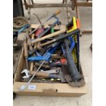 AN ASSORTMENT OF TOOLS TO INCLUDE HAMMERS, SPANNERS AND SAWS ETC