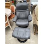 A STRESSLESS RECLINER SWIVEL CHAIR COMPLETE WITH STOOL