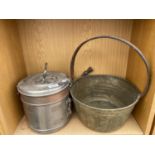 A VINTAGE BRASS JAM PAN AND A FURTHER STEAM COOKER