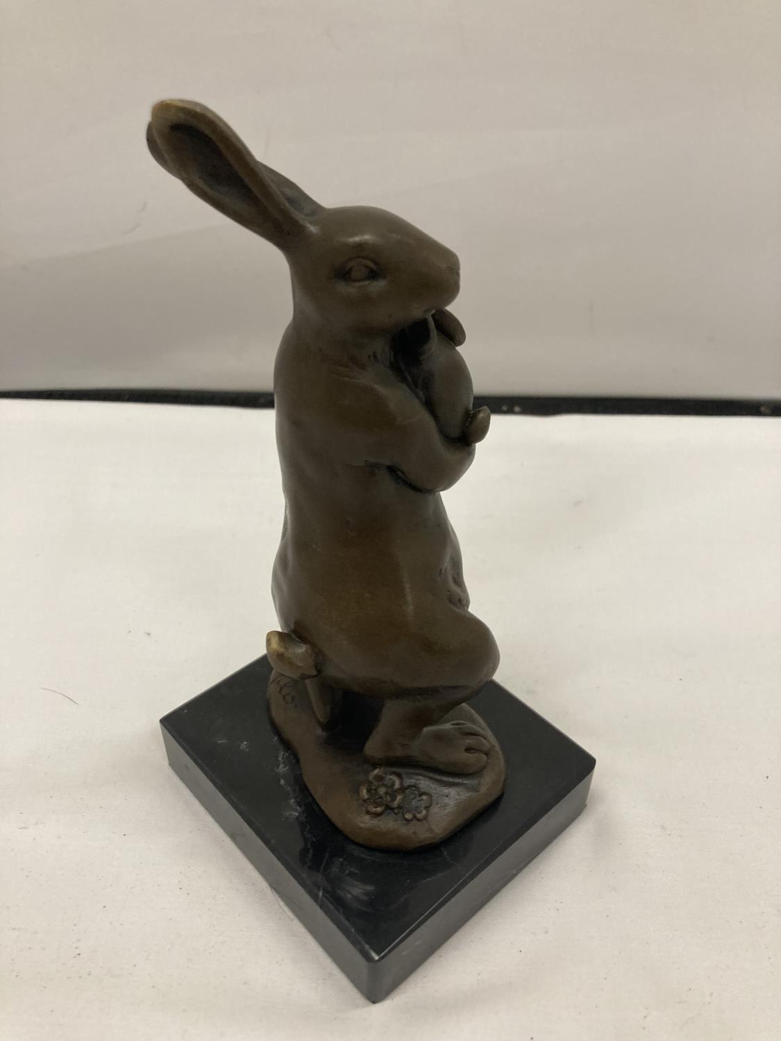 A SIGNED BRONZE RABBIT HOLDING HER BABY ON A MARBLE BASE - Image 4 of 10