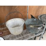 A VINTAGE BRASS JAM PAN AND A STAINLESS STEEL JAM PAN