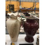 TWO LARGE VASES, ONE STONE EFFECT WITH FLUTED TOP H: 50CM W:30 CM , ONE BURGUNDY GLAZED WITH