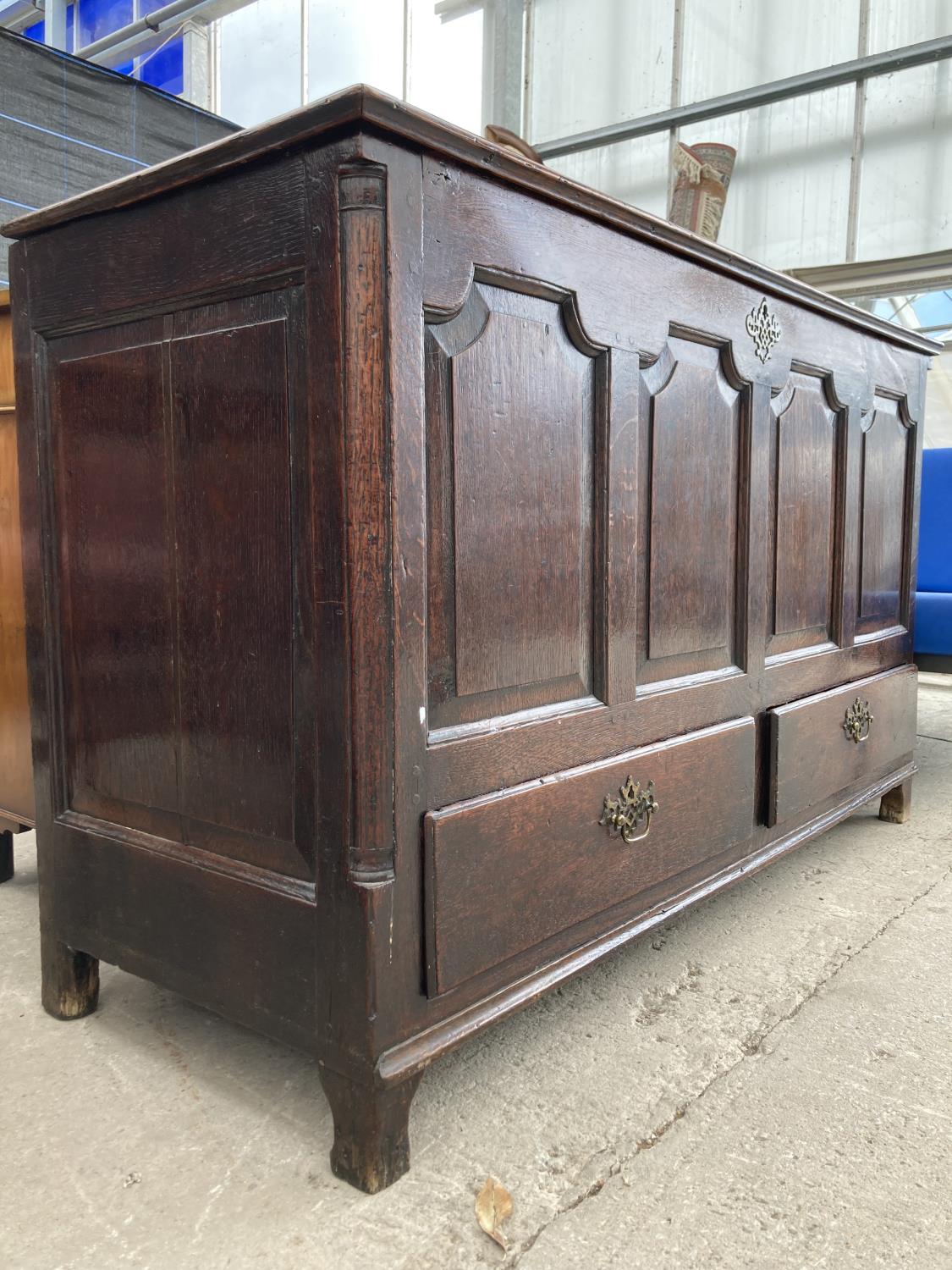 A GEORGE III OAK BLANKET CHEST WITH TWO DRAWERS TO THE BASE AND FOUR PANEL FRONT, 55" WIDE - Image 2 of 9